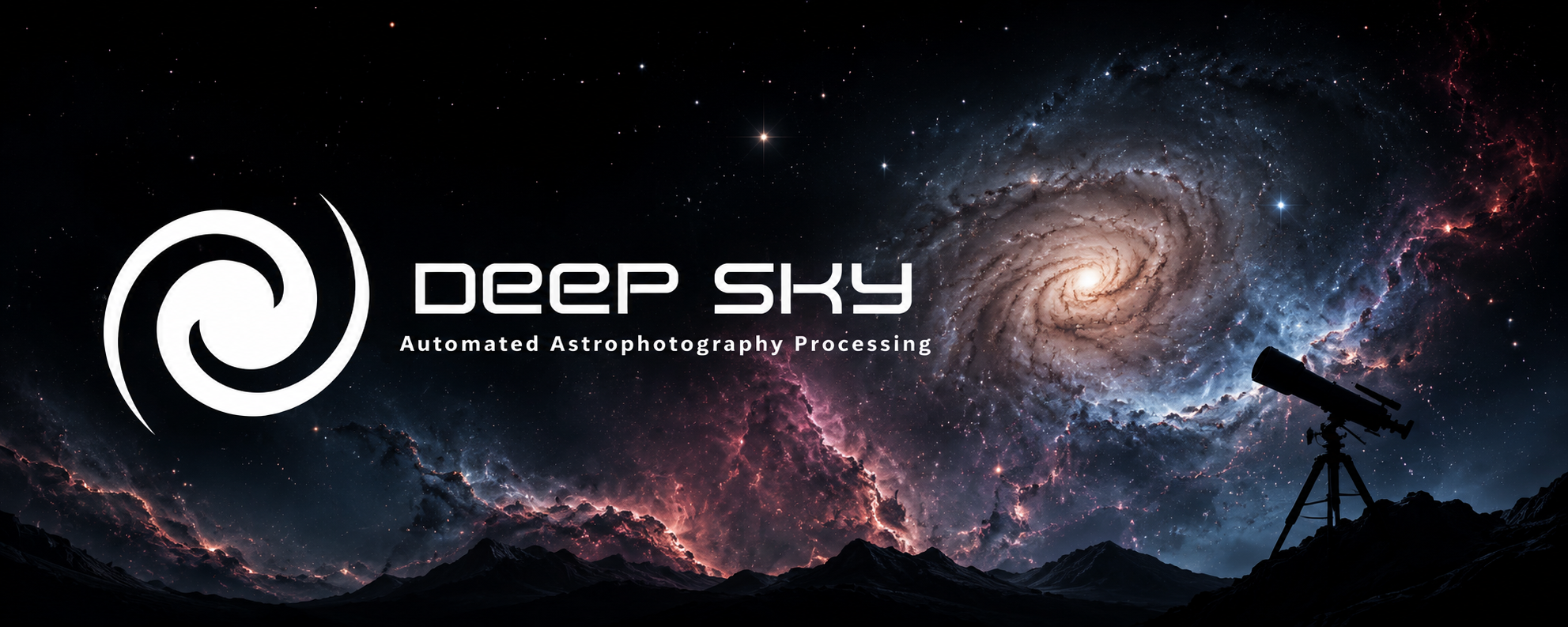 DeepSky automated astrophotography processing logo over a galaxy, nebula, stars, and telescope