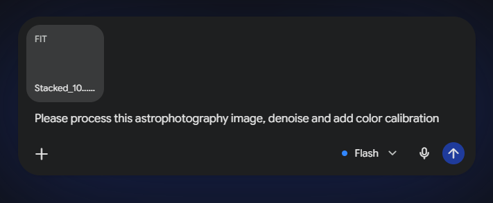 Gemini interface showing an uploaded FITS file and a prompt asking AI to denoise and color-calibrate an astrophotography image