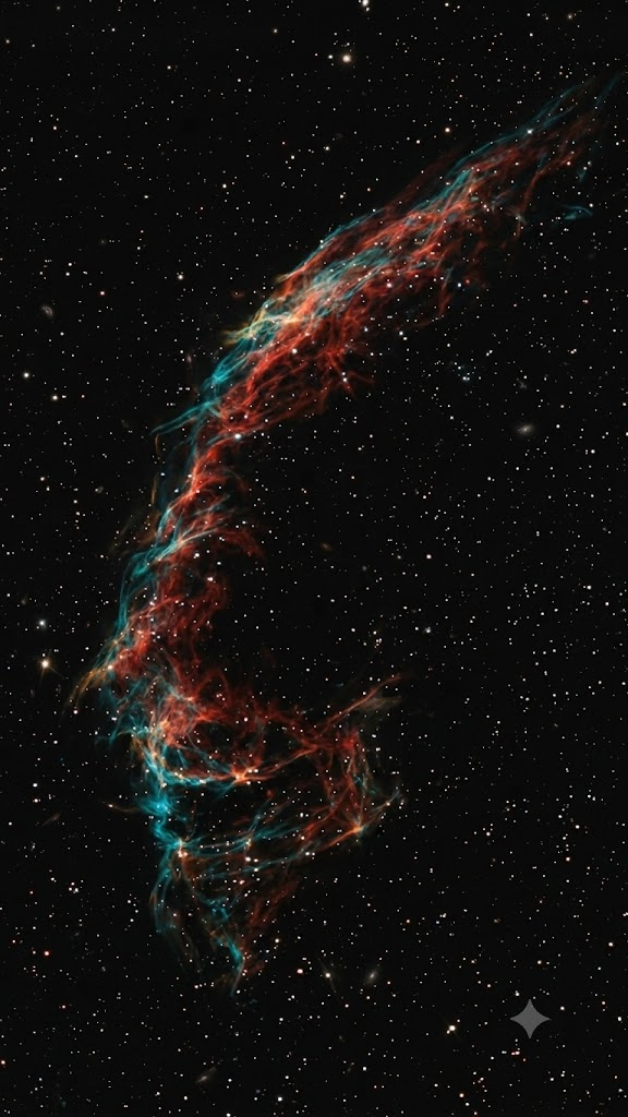 Generative AI result showing red and cyan Veil Nebula filaments against a dense star field