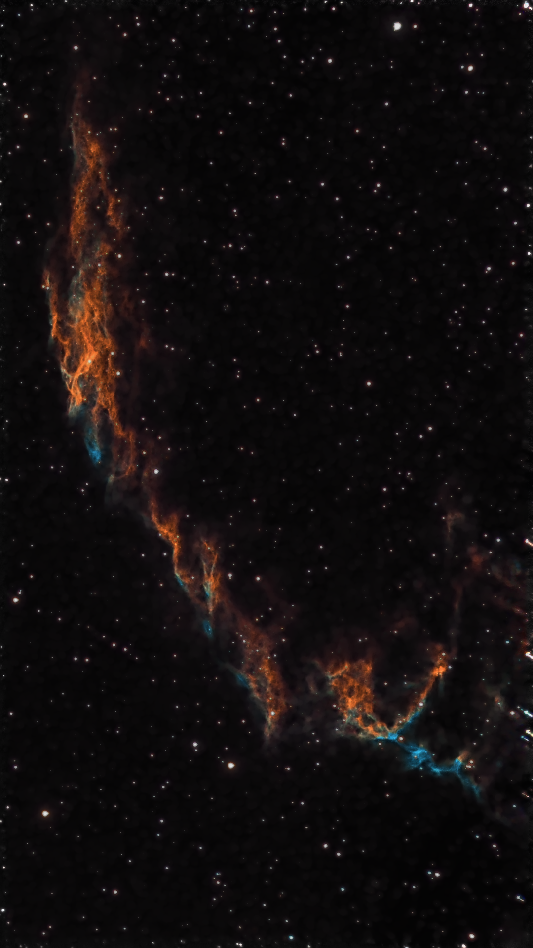 Processed Veil Nebula filaments glowing orange and cyan against deep space